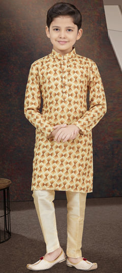 Beige and Brown, Yellow color Boys Kurta Pyjama in Rayon fabric with Digital Print, Embroidered, Thread work