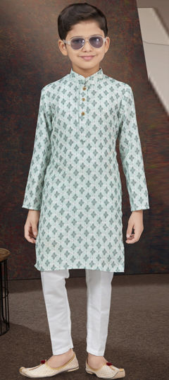 Green, White and Off White color Boys Kurta Pyjama in Rayon fabric with Digital Print, Embroidered, Thread work