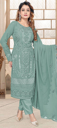 Festive, Party Wear Blue color Salwar Kameez in Georgette fabric with Straight Embroidered, Resham, Thread work : 1970086