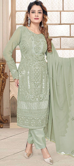 Festive, Party Wear Green color Salwar Kameez in Georgette fabric with Straight Embroidered, Resham, Thread work : 1970089