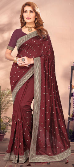 Red and Maroon color Saree in Art Silk fabric with Embroidered, Thread, Zari work