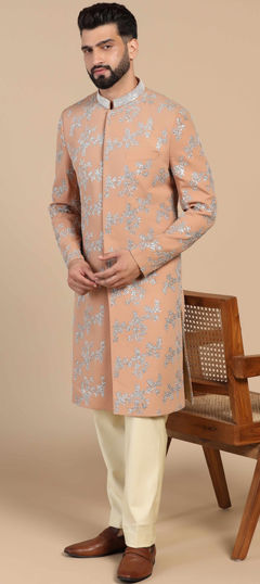 Pink and Majenta color Sherwani in Cotton, Satin Silk fabric with Cut Dana, Embroidered, Thread, Zari work