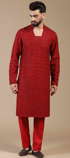 Red and Maroon color Kurta Pyjamas in Viscose fabric with Dabka, Embroidered, Resham, Thread work