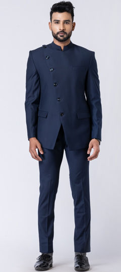 Blue color Jodhpuri Suit in Polyester Silk fabric with Thread work