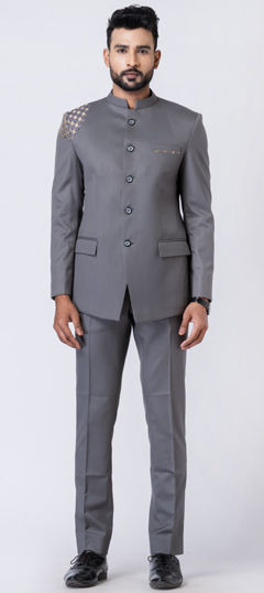 Black and Grey color Jodhpuri Suit in Polyester Silk fabric with Patch work