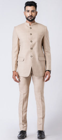 Beige and Brown color Jodhpuri Suit in Polyester Silk fabric with Thread work