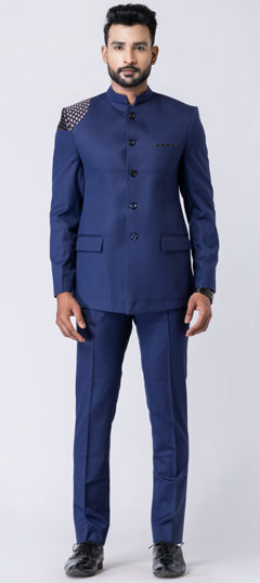 Blue color Jodhpuri Suit in Polyester Silk fabric with Patch work