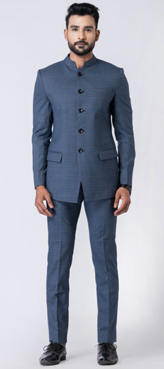 Blue color Jodhpuri Suit in Polyester Silk fabric with Thread work