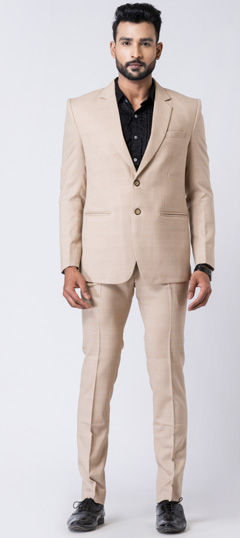 Reception, Wedding Beige and Brown color 2 Piece Suit (without shirt) in Polyester Silk fabric with Thread work : 1970149