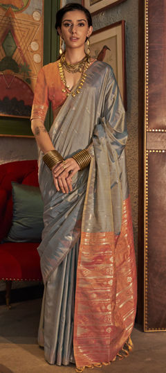 Festive, Party Wear, Traditional Black and Grey color Saree in Tussar Silk fabric with South Weaving work : 1970175