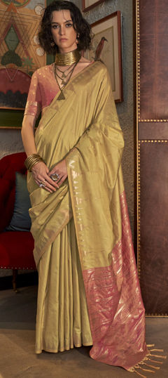 Festive, Party Wear, Traditional Yellow color Saree in Tussar Silk fabric with South Weaving work : 1970176