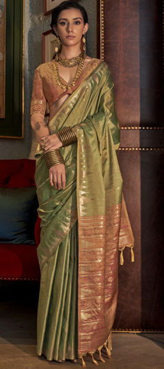 Festive, Party Wear, Traditional Green color Saree in Tussar Silk fabric with South Weaving work : 1970177