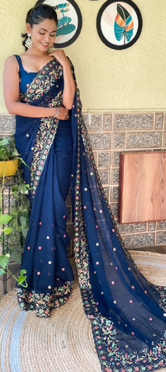 Festive, Party Wear, Reception Blue color Saree in Georgette fabric with Classic Embroidered, Resham, Sequence, Thread work : 1970179