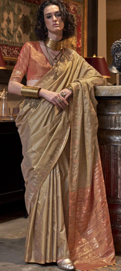 Festive, Party Wear, Traditional Beige and Brown color Saree in Tussar Silk fabric with South Weaving work : 1970180