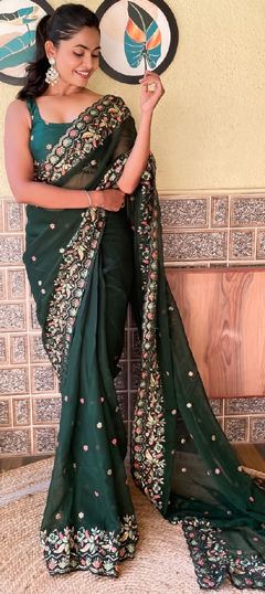 Festive, Party Wear, Reception Green color Saree in Georgette fabric with Classic Embroidered, Resham, Sequence, Thread work : 1970184