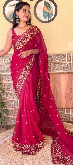 Festive, Party Wear, Reception Red and Maroon color Saree in Georgette fabric with Classic Embroidered, Resham, Sequence, Thread work : 1970188