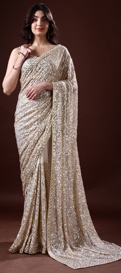 Festive, Reception, Wedding White and Off White color Saree in Georgette fabric with Classic Sequence work : 1970190