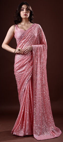 Festive, Reception, Wedding Pink and Majenta color Saree in Georgette fabric with Classic Sequence work : 1970194