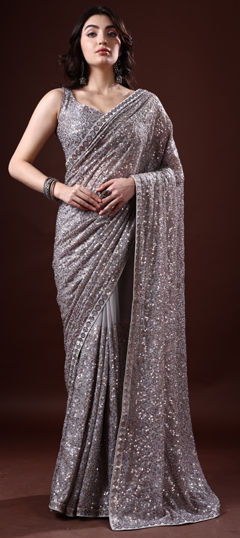 Festive, Reception, Wedding Black and Grey color Saree in Georgette fabric with Classic Sequence work : 1970195