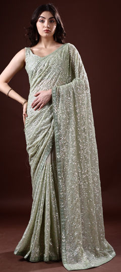 Festive, Reception, Wedding Green color Saree in Georgette fabric with Classic Sequence work : 1970197