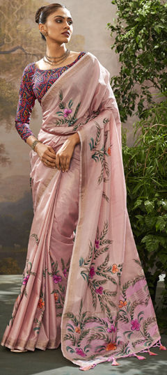 Pink and Majenta color Saree in Tissue fabric with Floral, Printed work