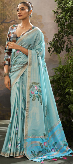 Blue color Saree in Tissue fabric with Floral, Printed work