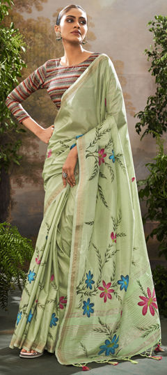 Green color Saree in Tissue fabric with Floral, Printed work