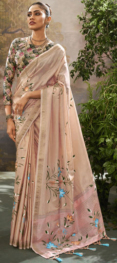 Pink and Majenta color Saree in Tissue fabric with Floral, Printed work