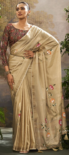 Beige and Brown color Saree in Tissue fabric with Floral, Printed work