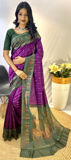 Festive, Traditional, Wedding Purple and Violet color Saree in Chanderi Silk fabric with South Printed work : 1970237