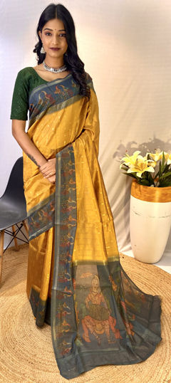 Festive, Traditional, Wedding Yellow color Saree in Chanderi Silk fabric with South Printed work : 1970238