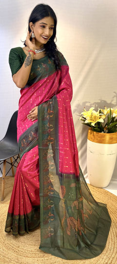 Festive, Traditional, Wedding Pink and Majenta color Saree in Chanderi Silk fabric with South Printed work : 1970239