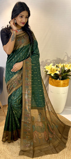 Festive, Traditional, Wedding Green color Saree in Chanderi Silk fabric with South Printed work : 1970240