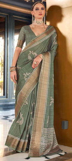 Green color Saree in Silk fabric with Digital Print work