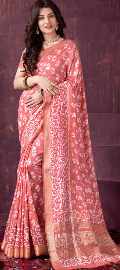 Pink and Majenta color Saree in Chanderi Silk fabric with Printed work