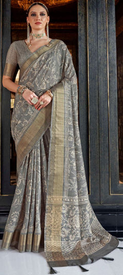 Black and Grey color Saree in Silk fabric with Digital Print work