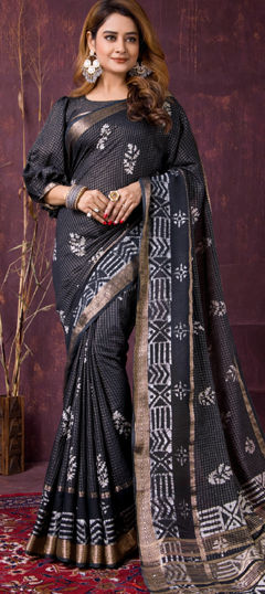 Black and Grey color Saree in Chanderi Silk fabric with Printed work