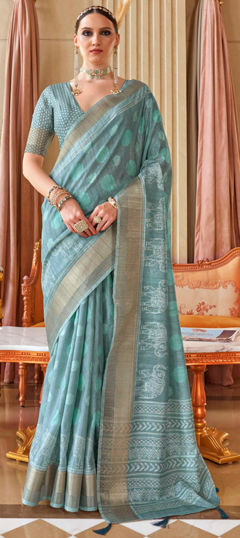 Blue color Saree in Silk fabric with Digital Print work