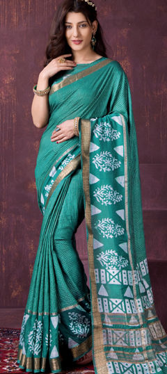 Green color Saree in Chanderi Silk fabric with Printed work