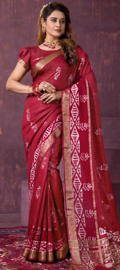 Red and Maroon color Saree in Chanderi Silk fabric with Printed work