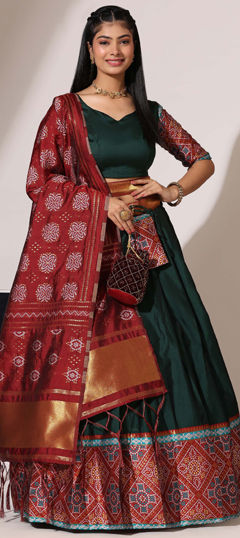 Festive, Reception Green color Lehenga in Silk fabric with Flared Printed work : 1970285