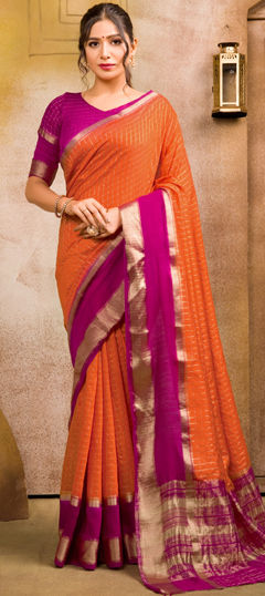 Festive, Traditional Orange color Saree in Chanderi Silk fabric with South Weaving work : 1970288