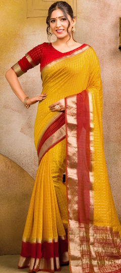 Yellow color Saree in Chanderi Silk fabric with Weaving work