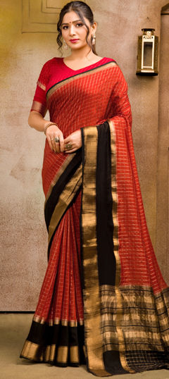 Red and Maroon color Saree in Chanderi Silk fabric with Weaving work