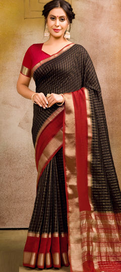 Festive, Traditional Black and Grey color Saree in Chanderi Silk fabric with South Weaving work : 1970294