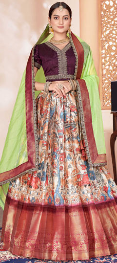 Engagement, Mehendi Sangeet Multicolor color Lehenga in Silk fabric with Flared Printed, Weaving work : 1970301