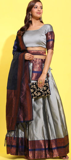 Black and Grey color Lehenga in Art Silk fabric with Weaving work