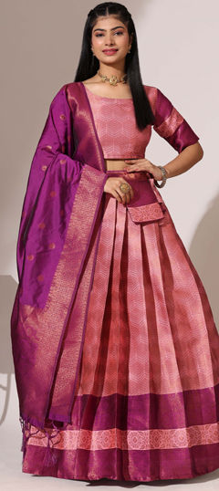 Festive, Reception Pink and Majenta color Lehenga in Silk fabric with Flared Weaving work : 1970313