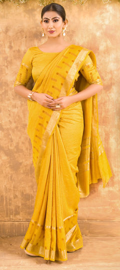 Yellow color Saree in Chanderi Silk fabric with Weaving work