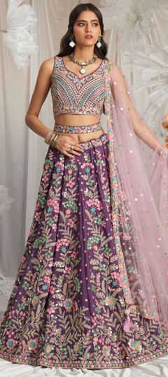 Bridal, Wedding Purple and Violet color Lehenga in Georgette fabric with Flared Embroidered, Sequence, Thread, Zircon work : 1970328